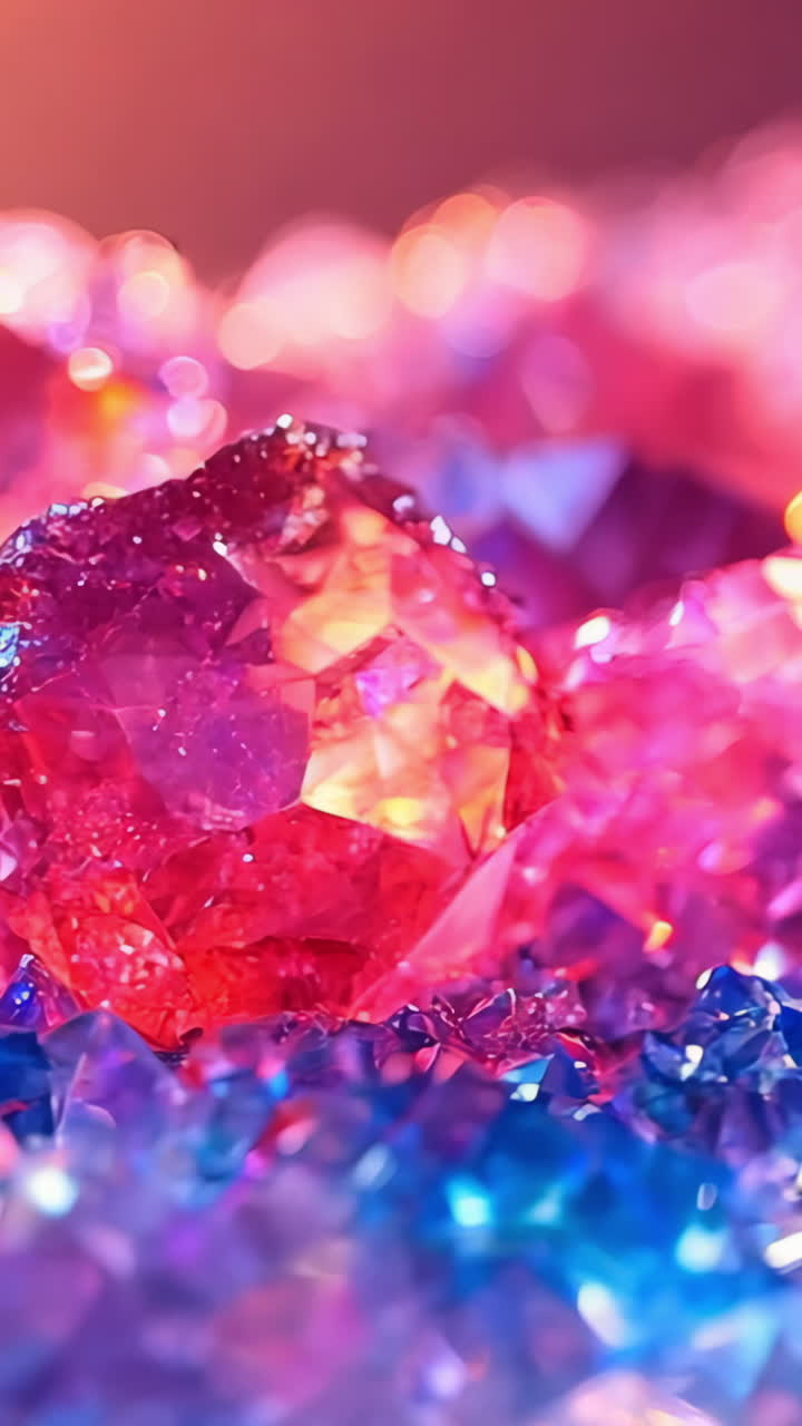 A close up of pink and blue crystals on a surface Vertical video