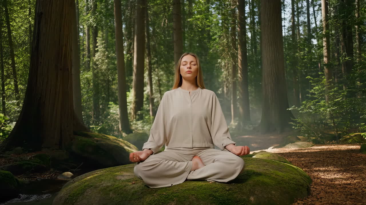 Woman Meditating Peacefully in a Tranquil Forest