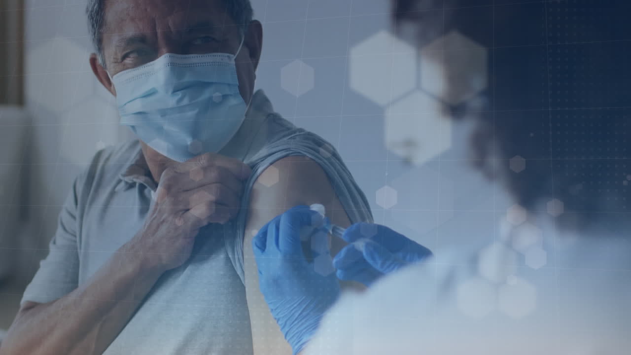 animación de formas sobre diversos médicos y pacientes vacunando.