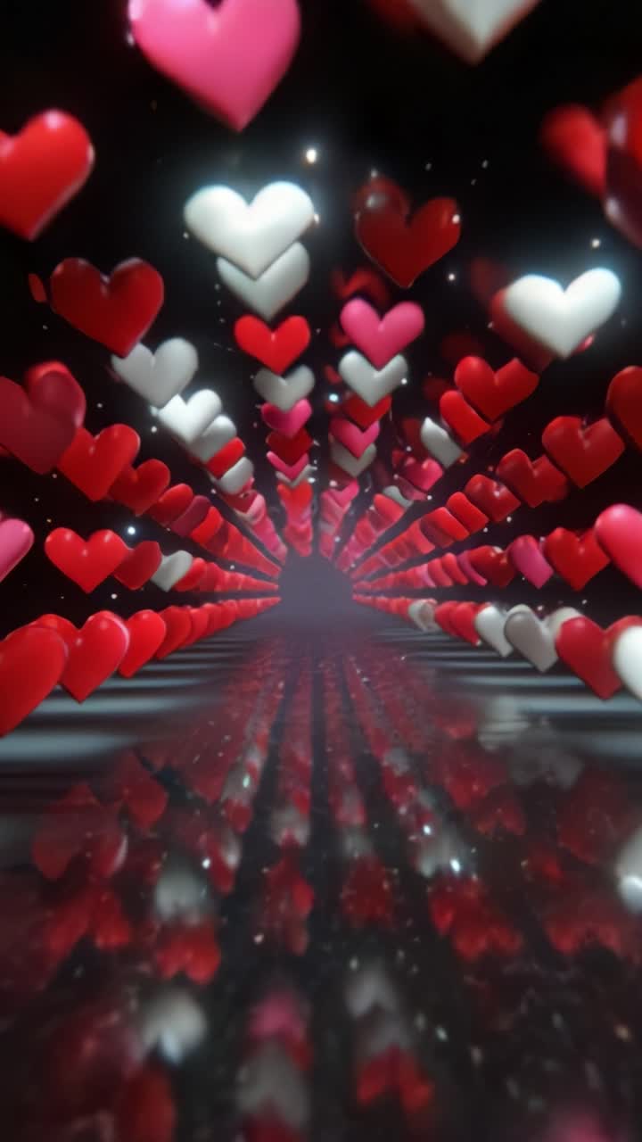 Una prospettiva mozzafiato di cuori fluttuanti che creano un effetto tunnel magico, una vetrina di colori vibranti e riflessi che evocano amore ed emozione in un'ambientazione onirica