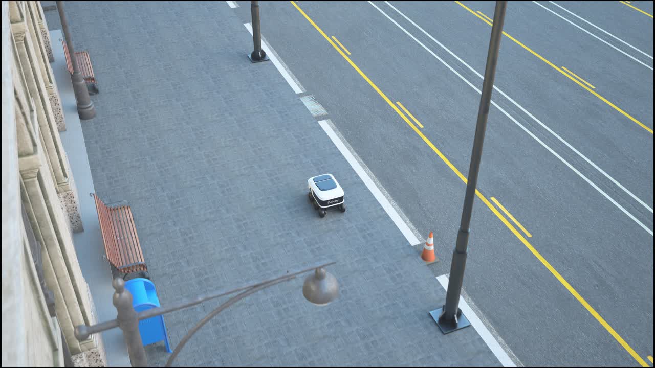 도시 거리에서 운전하는 자동 배달 로 서비스: 현대적인 스마트 무선 로은 고객에게 상품이나 음식을 배달합니다.