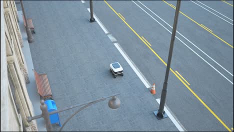 servicio automatizado de entrega de robots que conducen en la calle urbana. el robot inalámbrico inteligente moderno entrega bienes o alimentos a un cliente. nueva industria tecnológica de iot de entrega de logística de tienda en línea