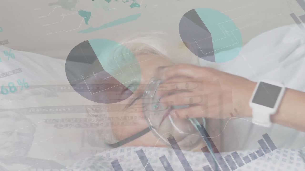 산소 코로나바이러스 노인 여성 환자와의 데이터 처리 및 통계 기록의 애니메이션