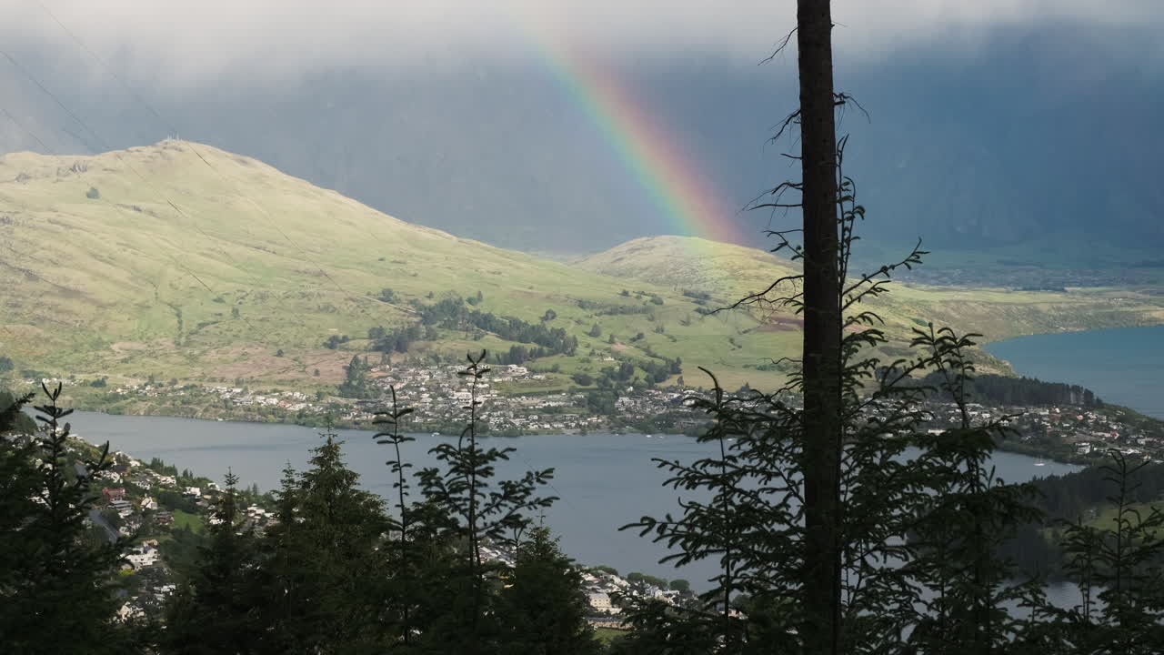 vista de un pintoresco paisaje en nueva zelanda, con pinos en primer plano y un arco iris visible en la distancia