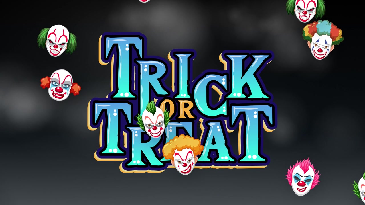Cartoon clown heads fall continuously behind stylized Trick or Treat text on dark smoky background.