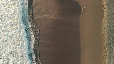 Antenne-Von-Oben-Nach-Unten-Fliegend-Vorwärts-über-Wellen,-Die-Am-Sandstrand-Brechen