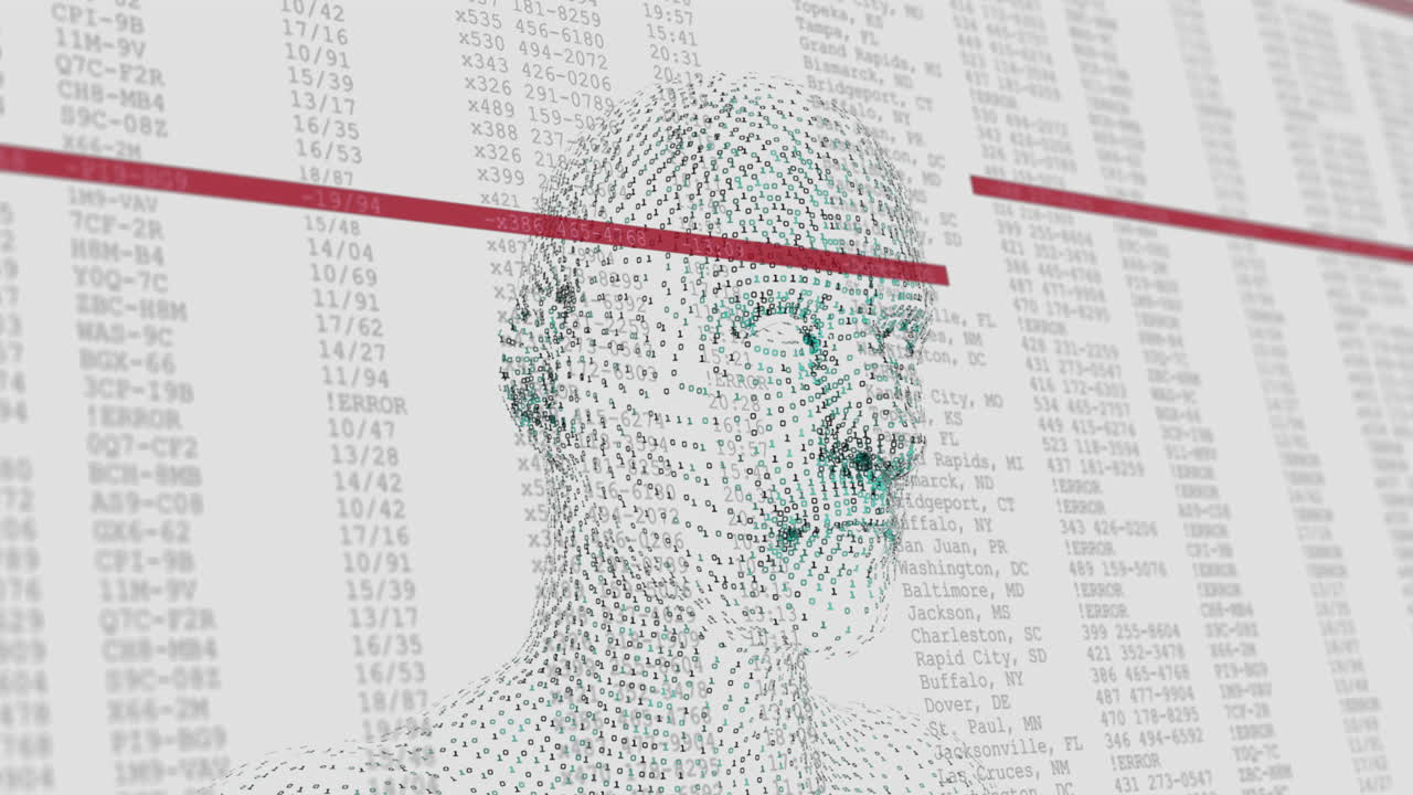 animación de un humano digital sobre el procesamiento de datos sobre un fondo blanco