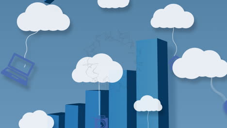 animación de nubes con iconos sobre el gráfico con flecha