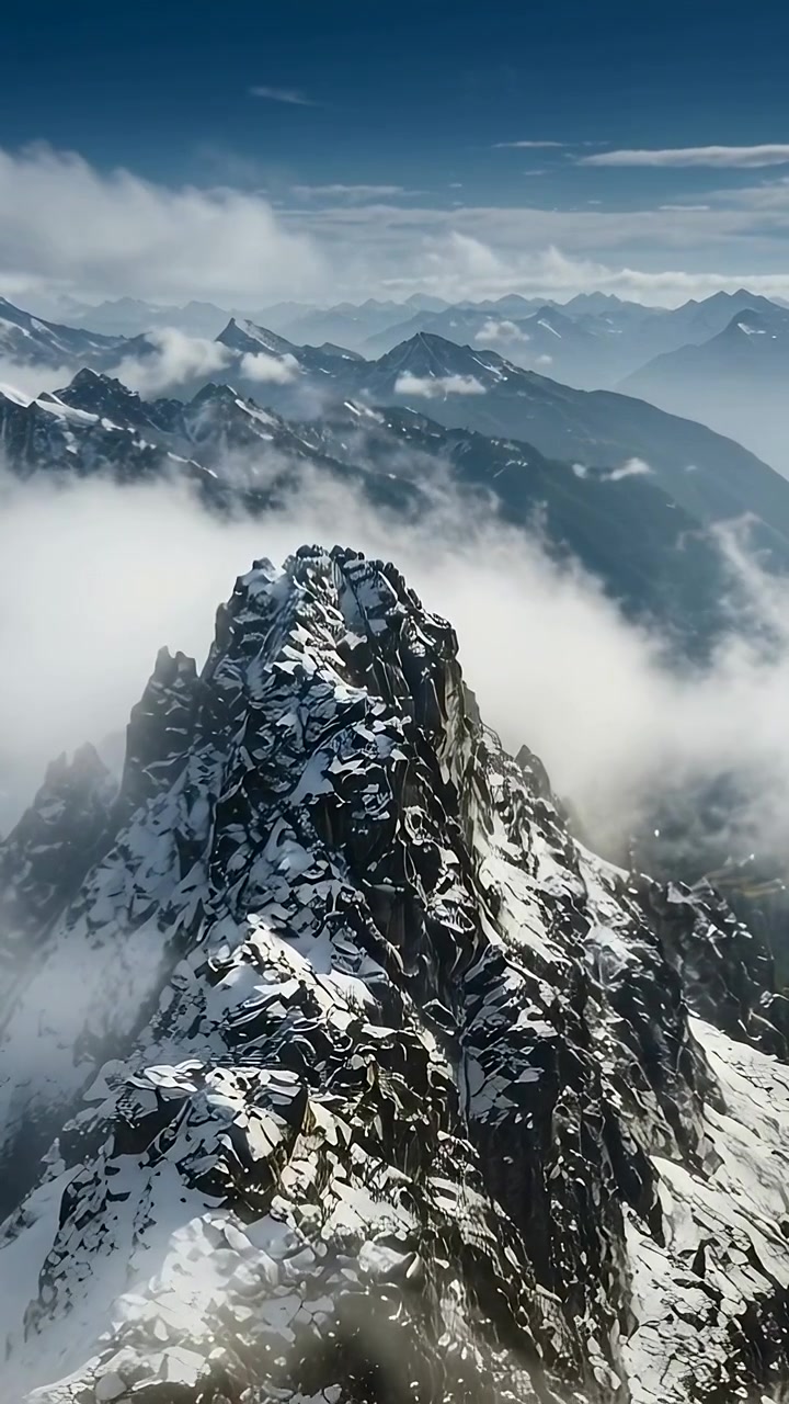 Video verticale: Drone in avvicinamento che rivela una cima frastagliata e nebbia su una cresta alpina.
