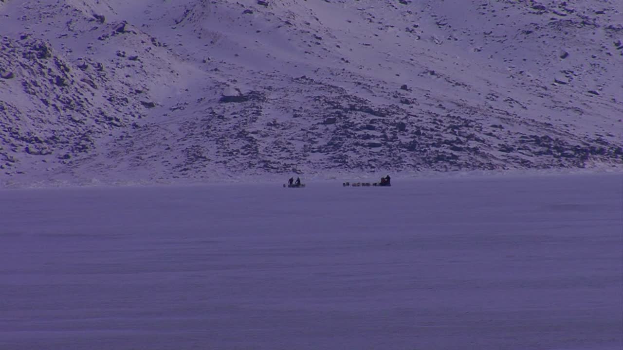 En hundeslæde bevæger sig over den frosne tundra i det fjerne.