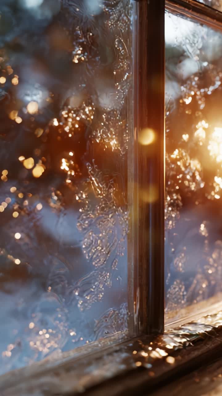 Glorious Sunset Through Frosted Window: Capturing the Beauty of Nature's Light and Colors on an Icy Glass Surface with a Warm Atmosphere and Bokeh Effects