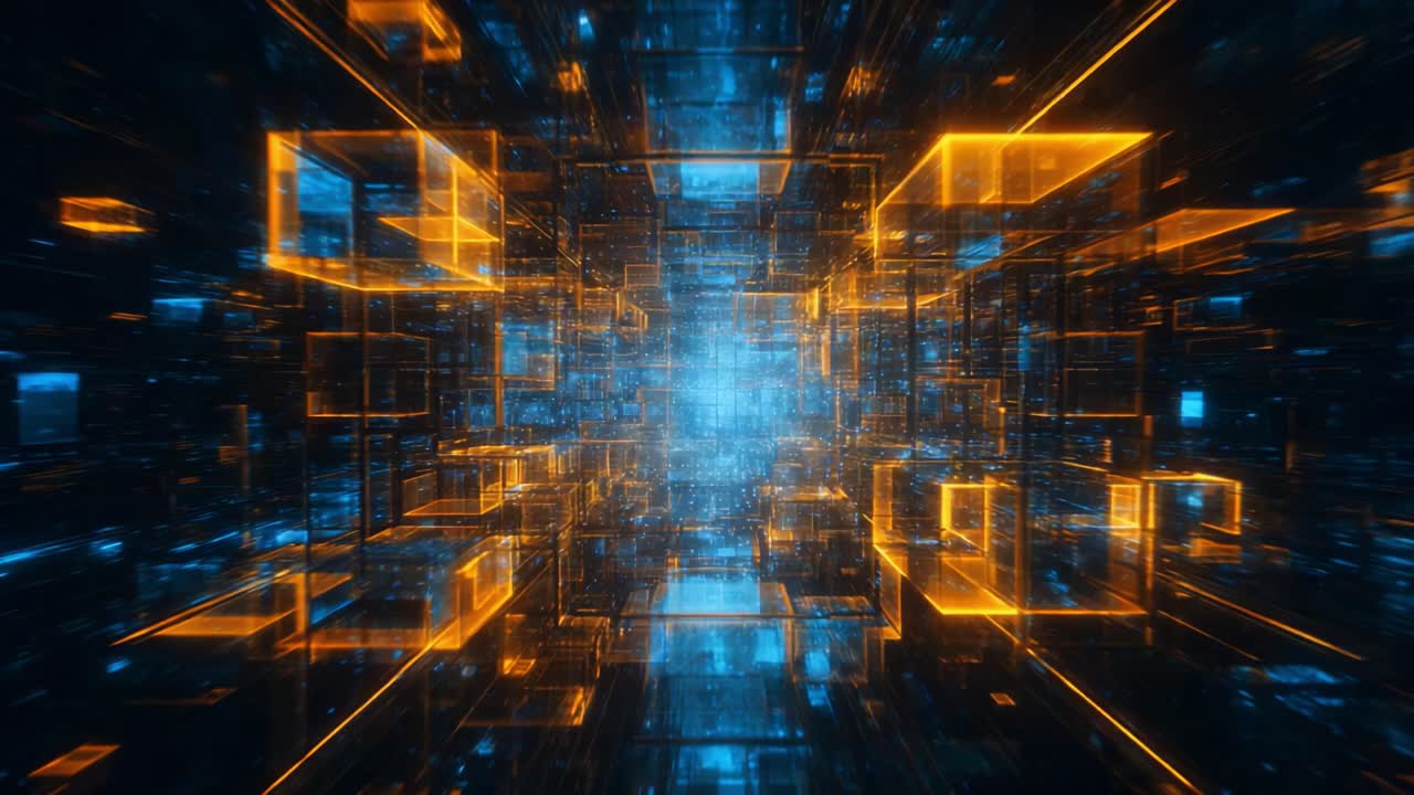 Exploring the Depths of a Futuristic Digital Realm: A Glimpse Into a Vibrant 3D Environment of Glowing Cubes and Enigmatic Patterns in an Infinite Space