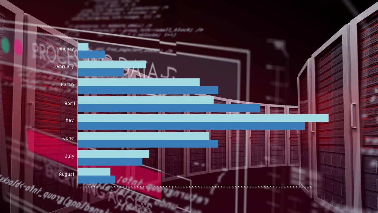 animación del procesamiento de datos y los servidores sobre un fondo negro