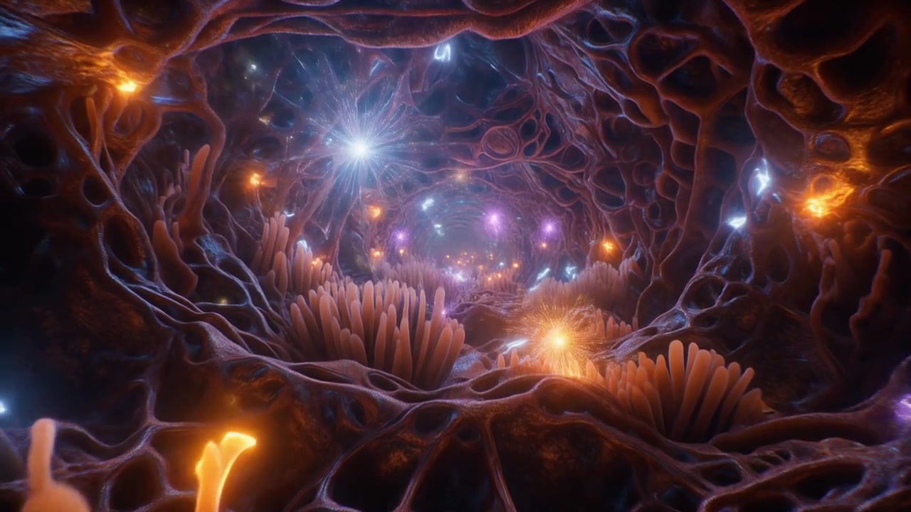 Vista Microscopica di Tessuto Biologico con Particelle di Energia Luminose