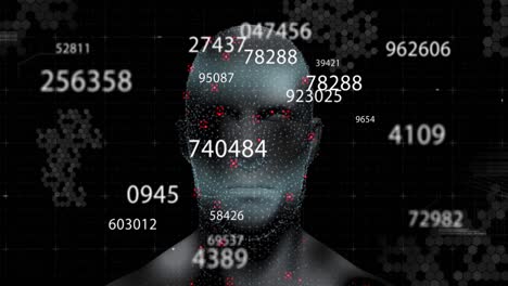 digital animation of multiple changing numbers against human face model on black background