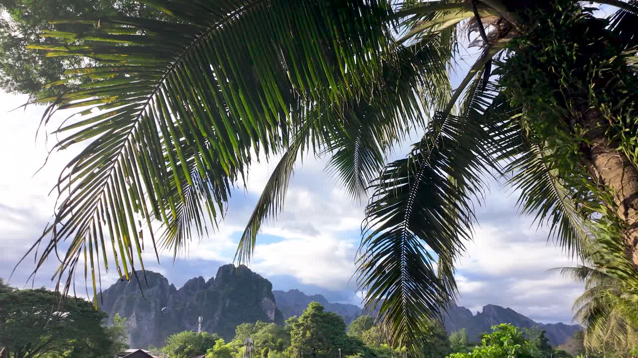 Palm tree leaves frame scenic Vang Vieng landscape with karsts and Nam Song river