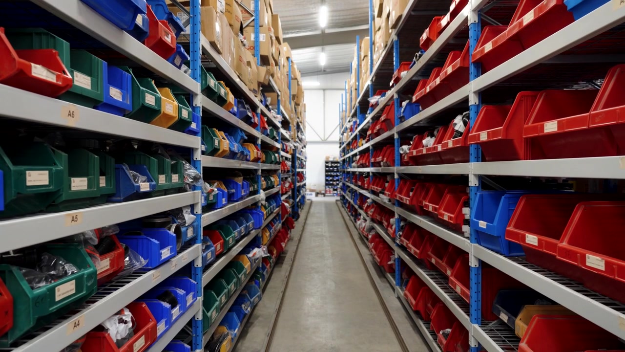 Scaffali di magazzino industriale pieni di contenitori di plastica organizzati. Pezzi di ricambio, componenti e forniture di ferramenta conservati in un deposito ordinato per il settore dell'irrigazione, idraulica e costruzioni.