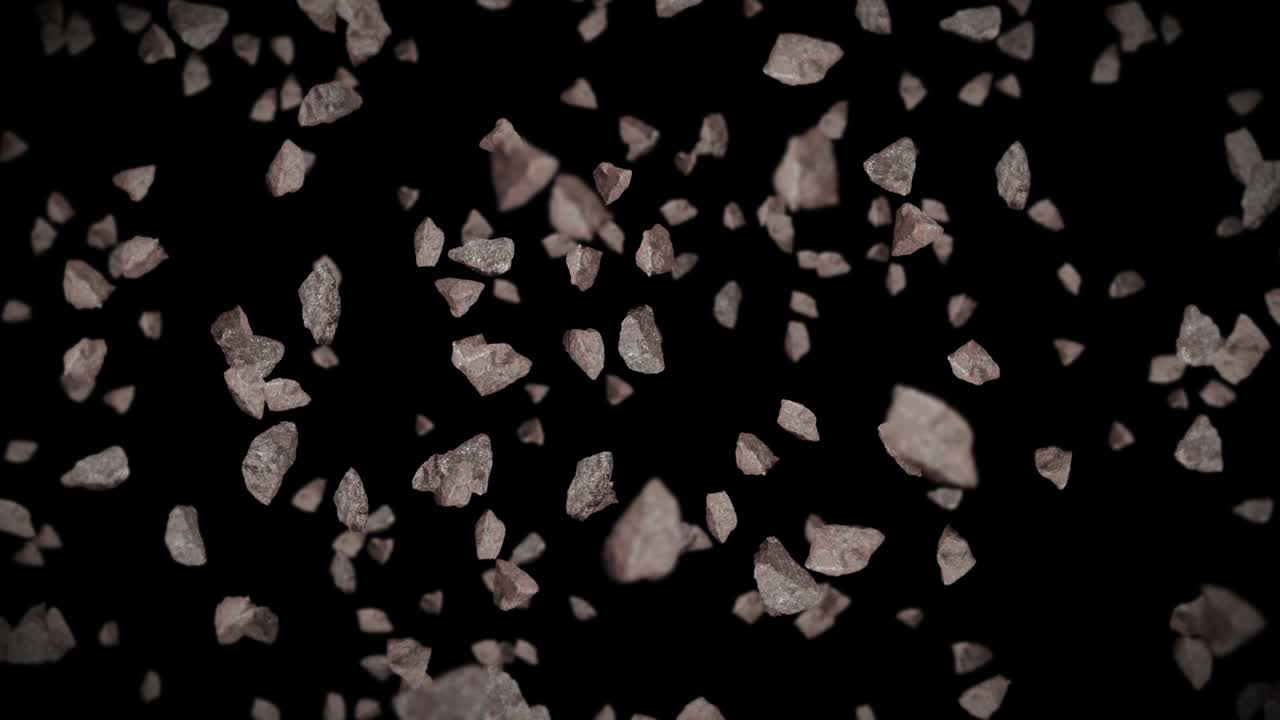 volando muchas piedras de roca en fondo negro. explosión de salpicaduras rotas. concepto de desafío. animación 3d de salpicadas de piedra girando. animación de bucle.