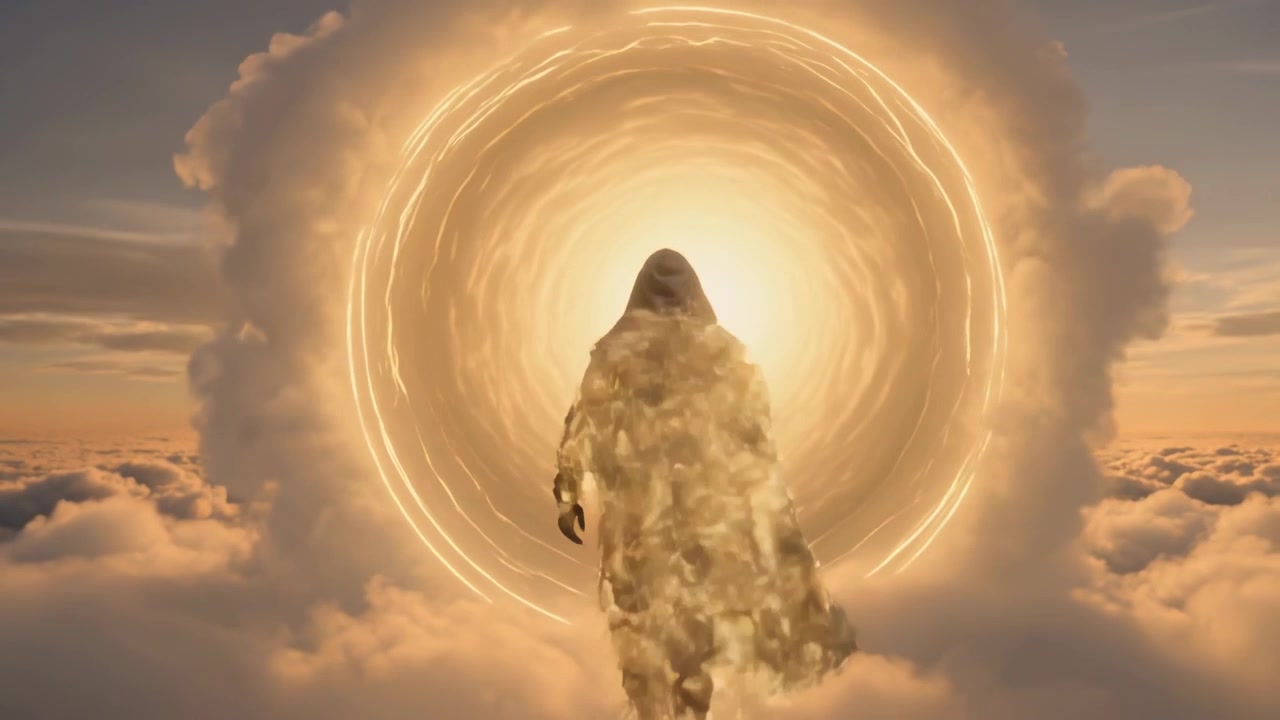 Una figura incappucciata che avanza, reagendo a un portale pulsante sulle nuvole al tramonto, dissolvendosi in una nebbia dorata.