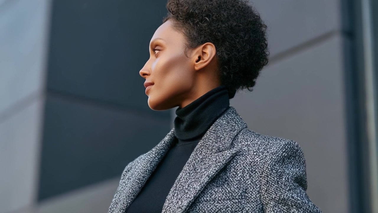 Moda Sofisticata: Una Donna Sicura di Sé in un Elegante Blazer Grigio e Dolcevita, Catturata in un Ambiente Urbano Moderno con un'Espressione Composta