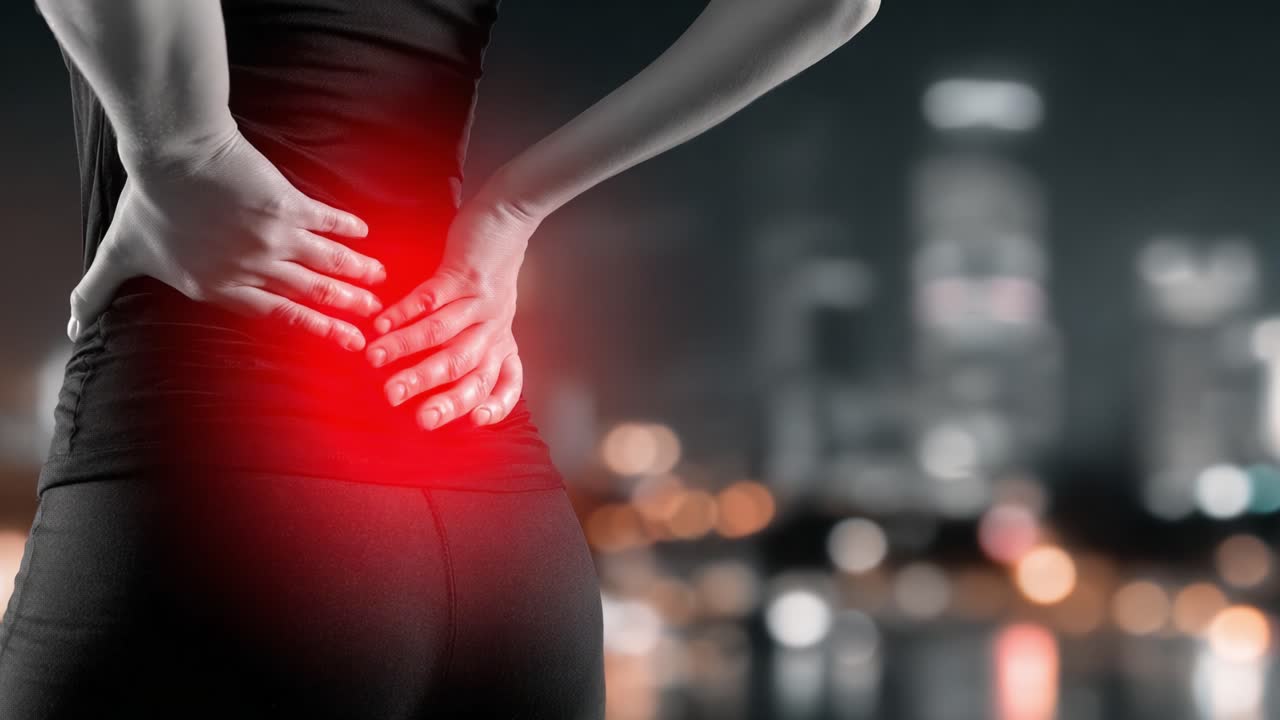 A Person Struggling with Lower Back Pain in an Urban Setting, Highlighting the Importance of Awareness and Management for Musculoskeletal Health