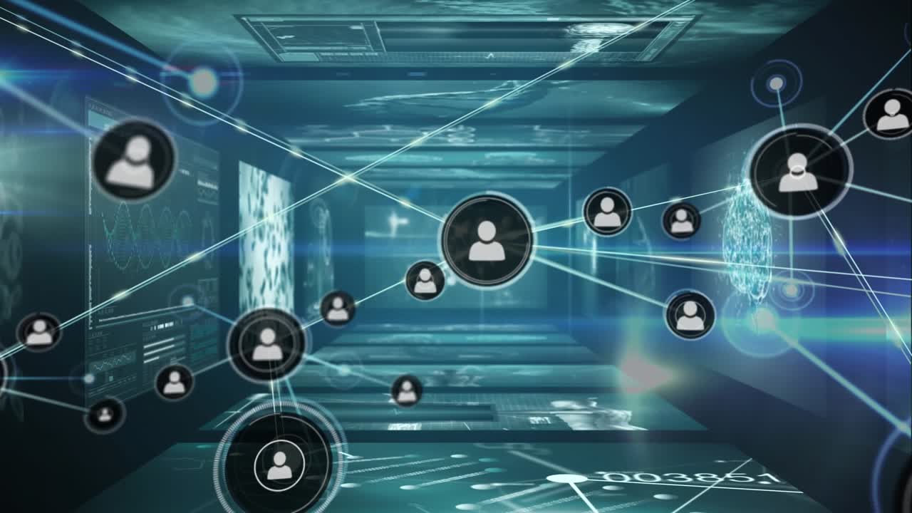 Animation of network of connections with icons over screens