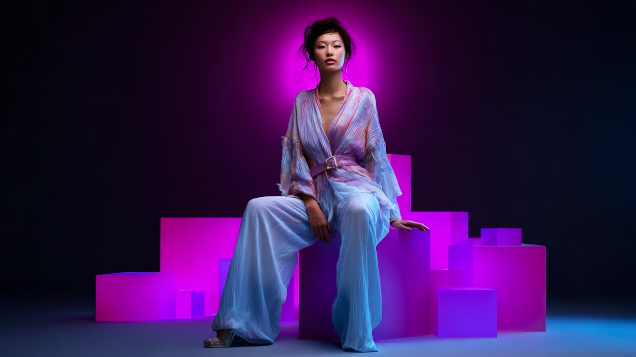 A striking fashion portrait featuring a model dressed in an ethereal outfit seated against a backdrop of illuminated colorful blocks, exuding elegance and contemporary artistry in a mesmerizing light setting