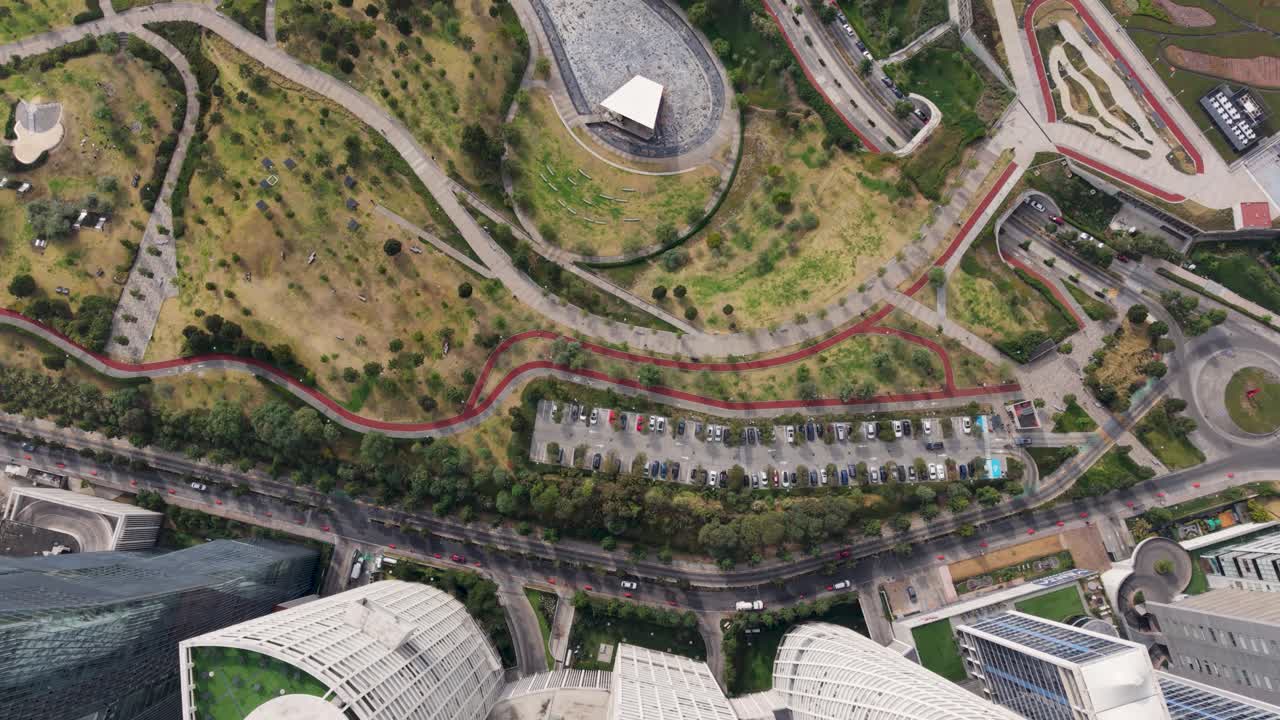 Overhead drone view of La Mexicana Park in Santa Fe, Mexico City