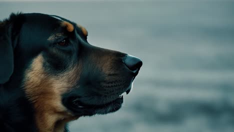 black and tan dog stares intently with a blurred background, showcasing curiosity and attentiveness in a natural setting