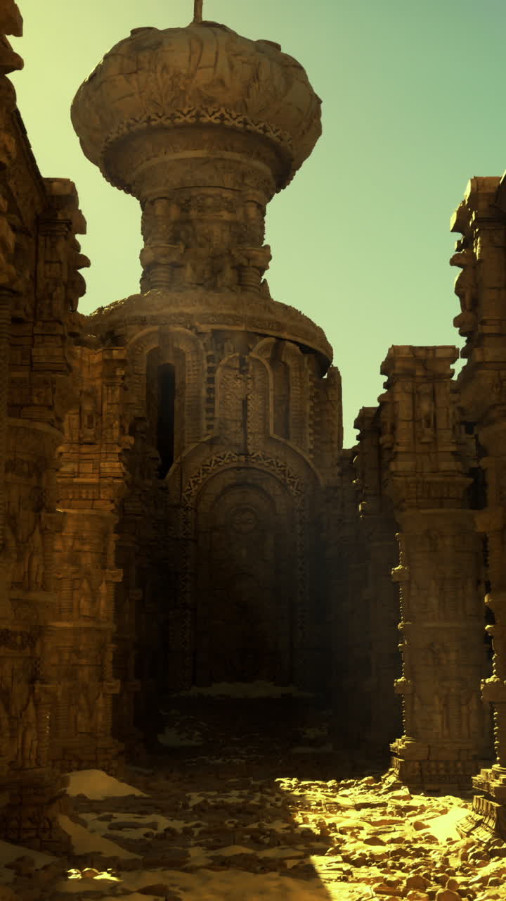 Majestic ancient temple ruins with intricate carvings and golden light