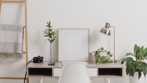 wooden frame with copy space on white background with plant on desk against white wall