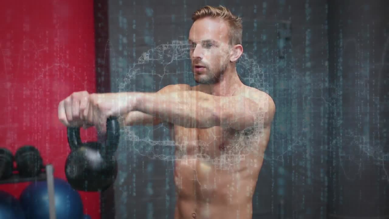 회전하는 뇌와 데이터 처리와 함께 디지털 인터페이스의 애니메이션 스포츠맨