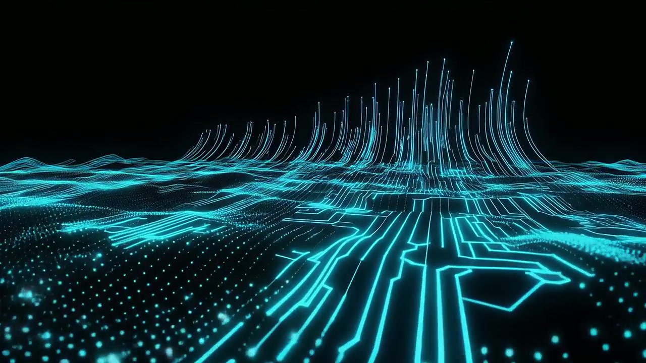 Abstract Digital Circuit Board with Glowing Data Lines and Dots