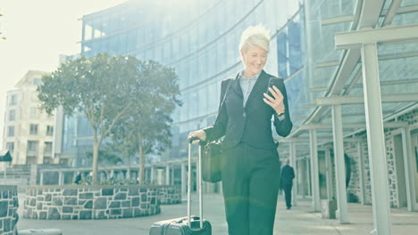 business woman, suitcase and phone in city