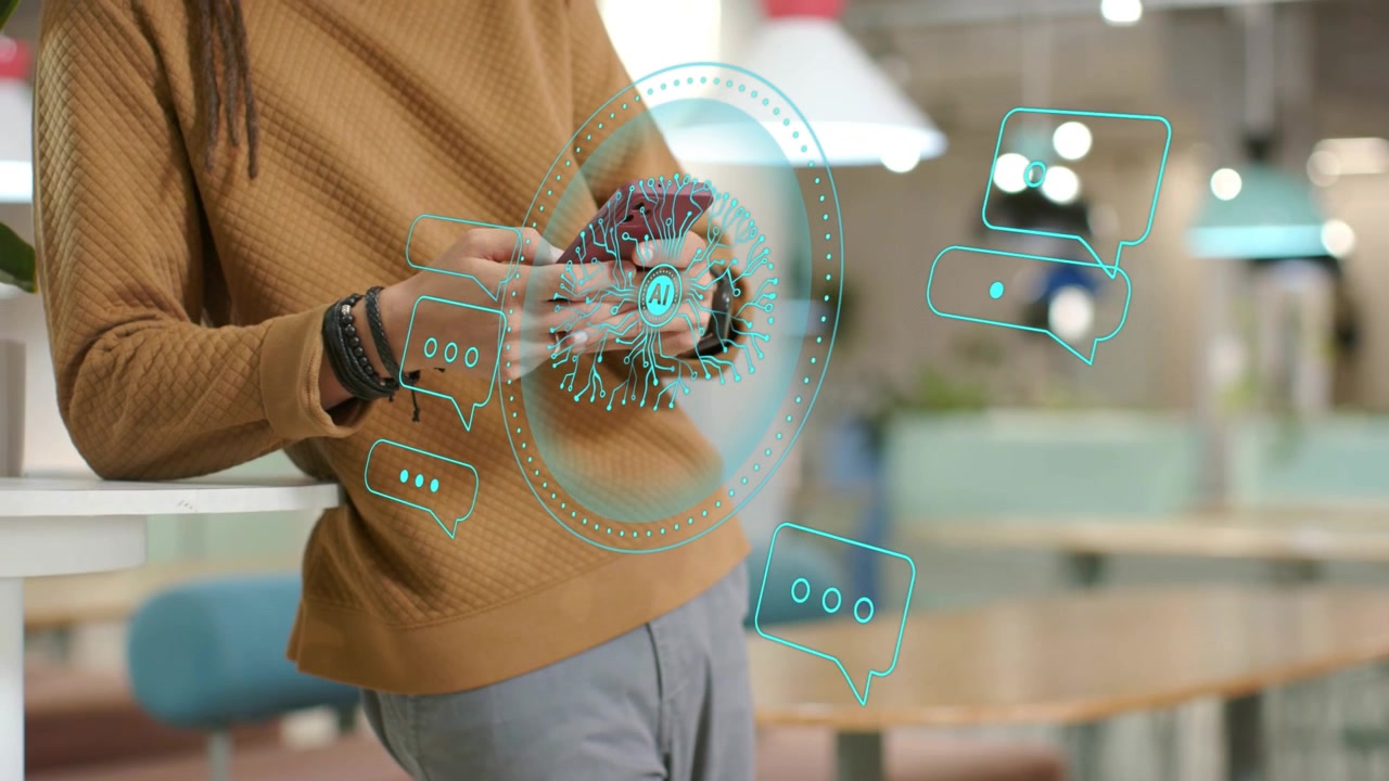 Man leaning on shelf holding red phone, tapping causing AI circle, chat bubbles for tech demo
