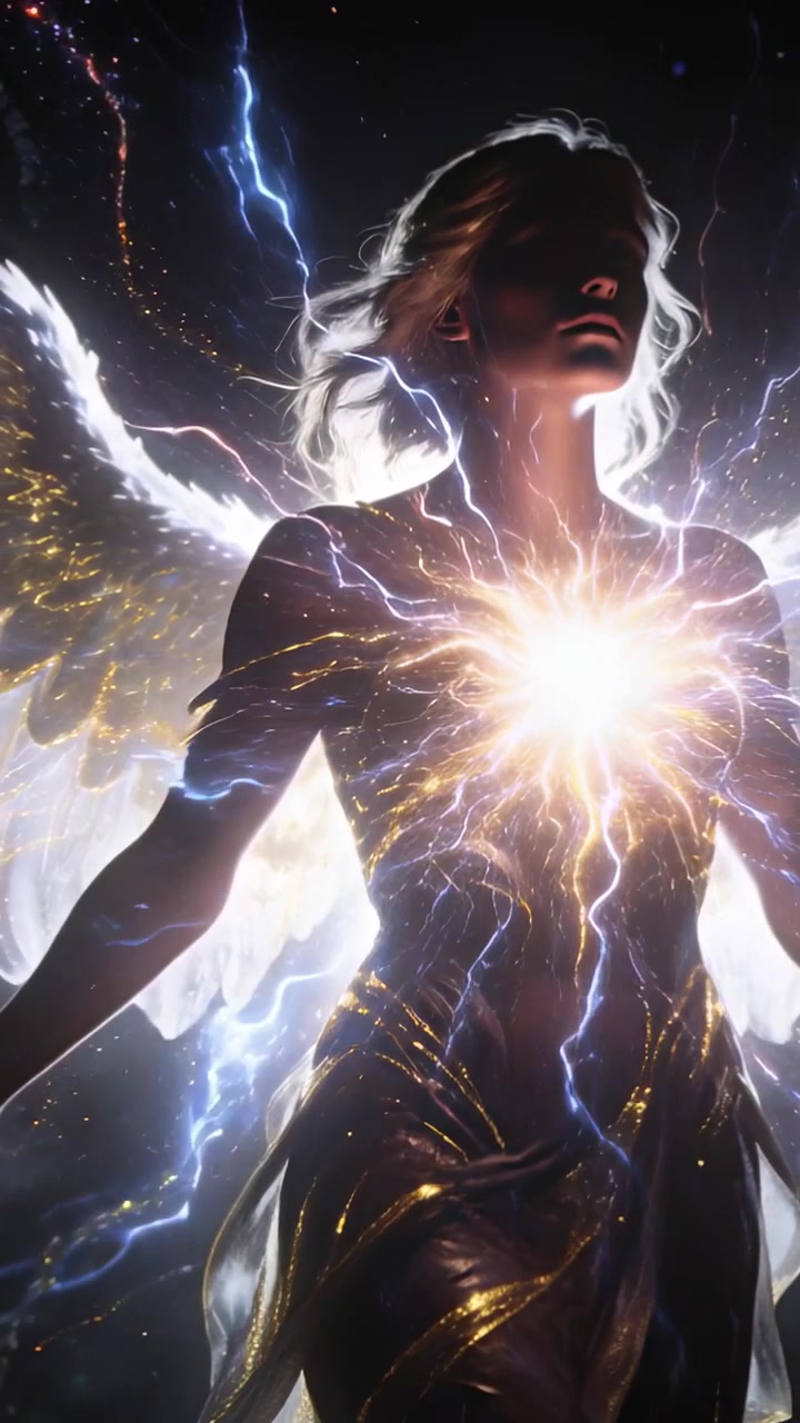 Video vertical: Núcleo pectoral pulsante impulsando una forma alada entre estrellas, lanzando estelas doradas y arcos azules