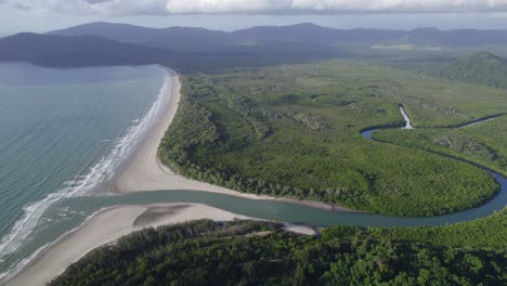 aerial view over river flowing through the ocean in daintree national park, far north queensland, australia - drone shot