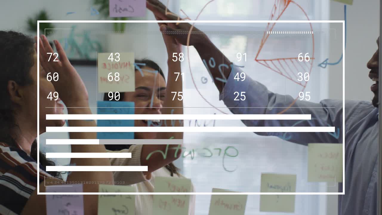Team drawing pie chart on glass, bringing up HUD, moving sticky notes, celebrating business win