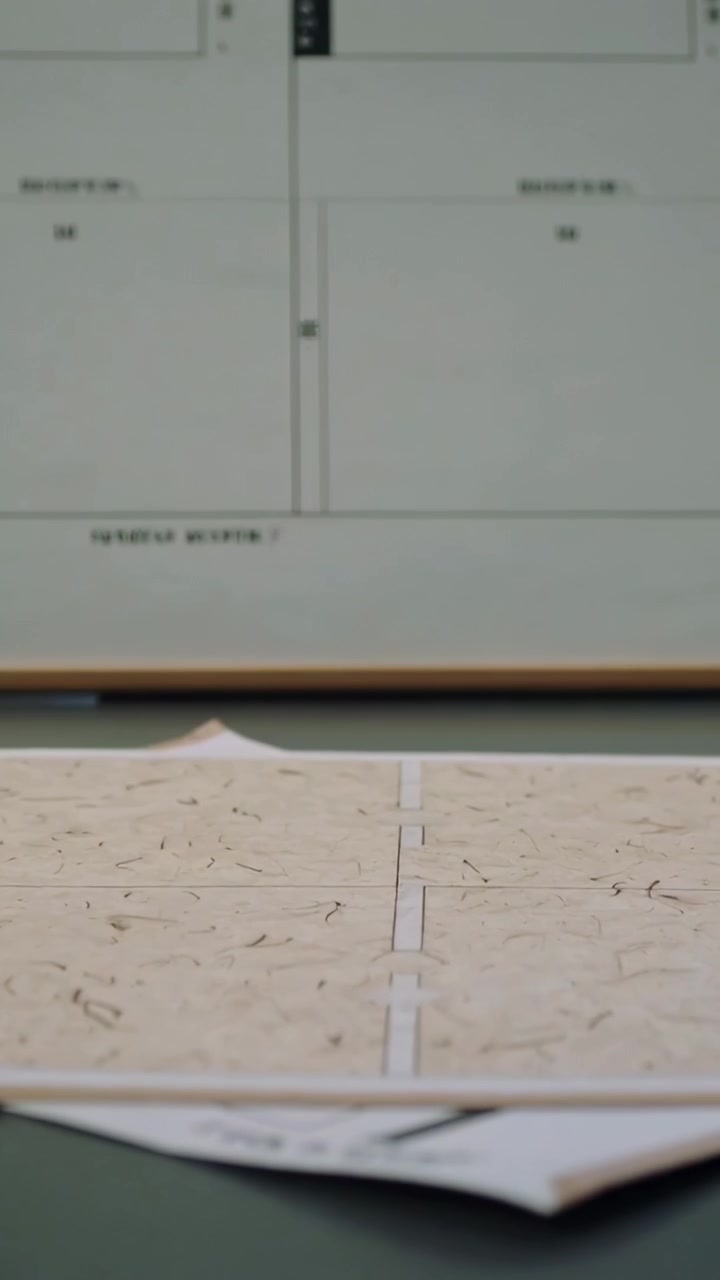 Vertical video: Lifting thin booklet box rotating revealing fibrous liner on papers, planner grid