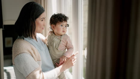 Window,-home-and-mother-wave-with-baby-looking