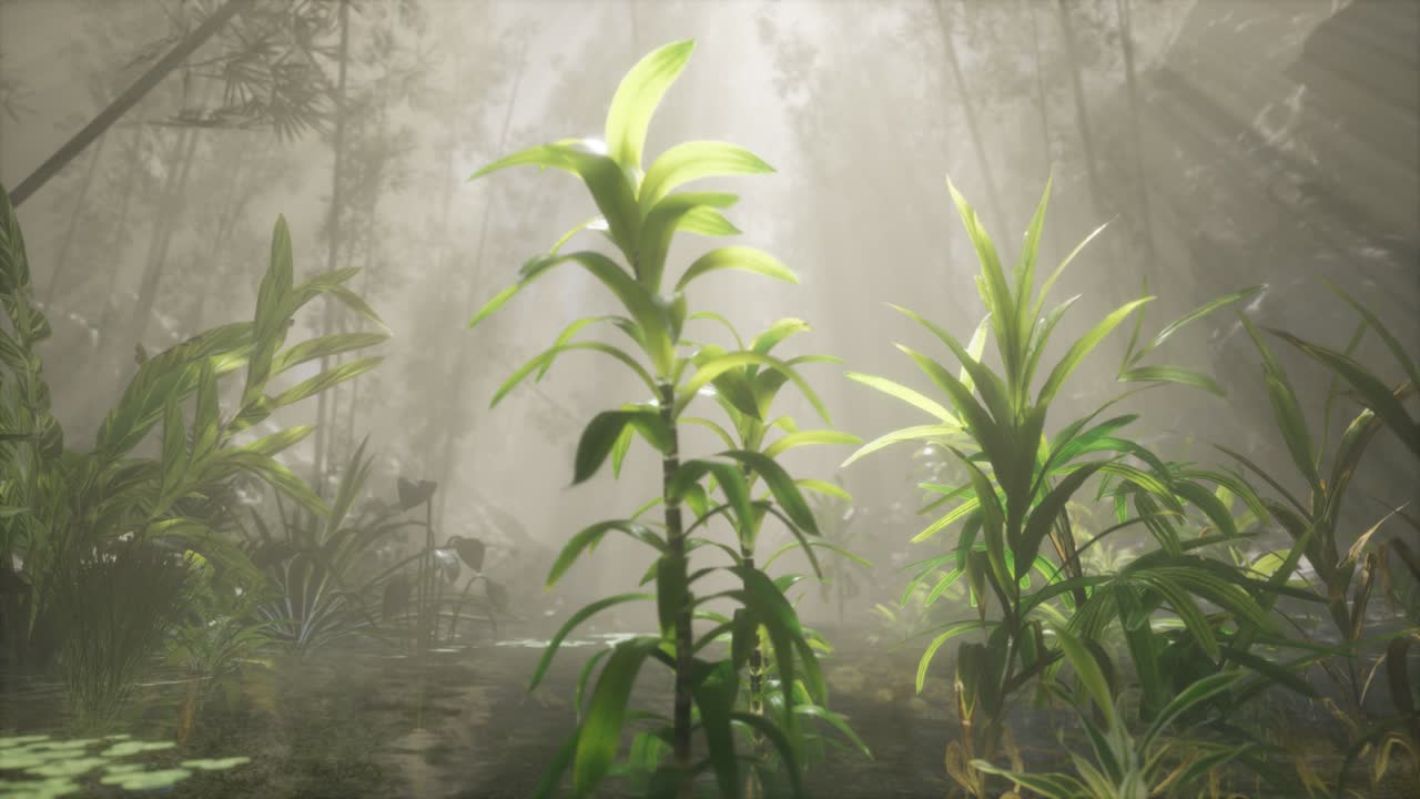 el sol brillando a través de los árboles y la niebla en un río tropical