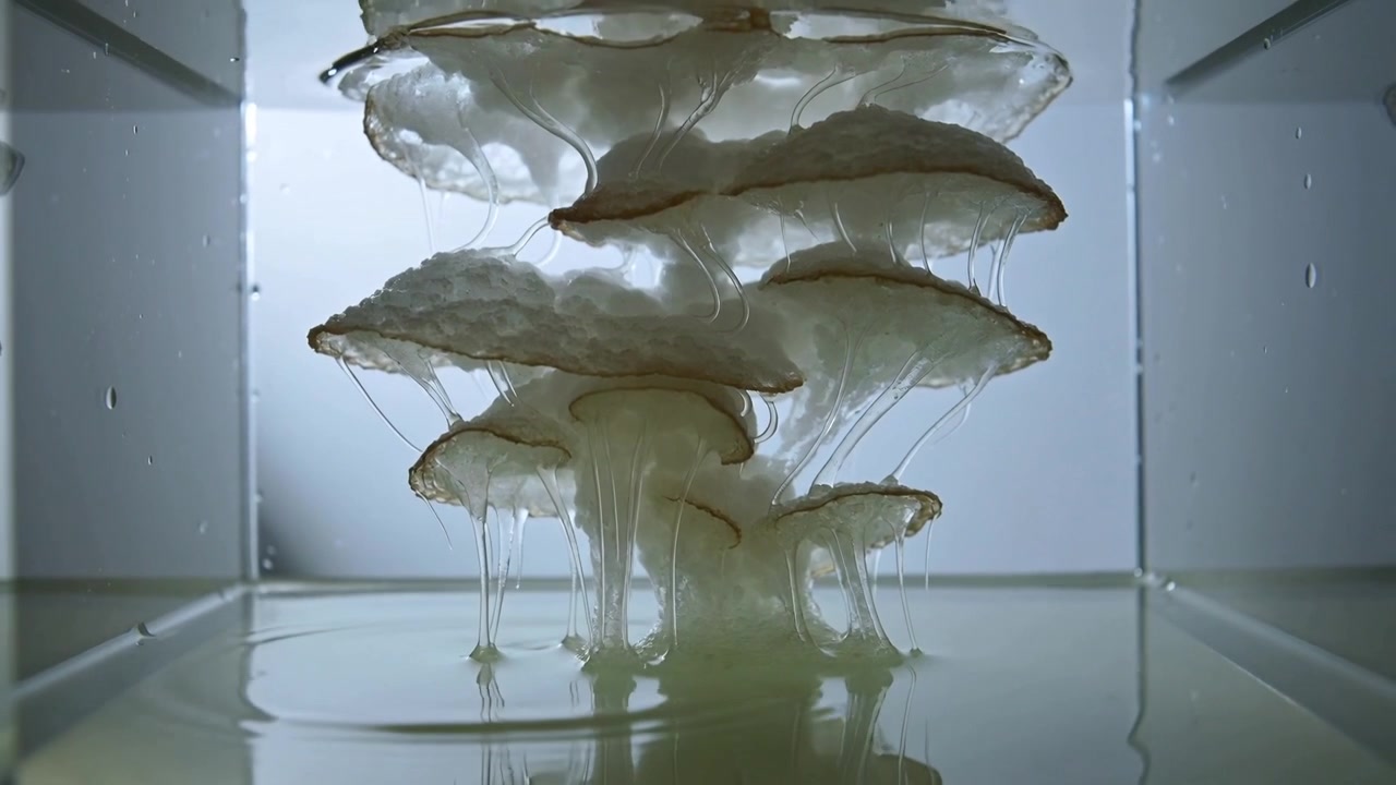 Draining gel stack with gravity pulling viscous strands into shallow pool in clear tank, droplets