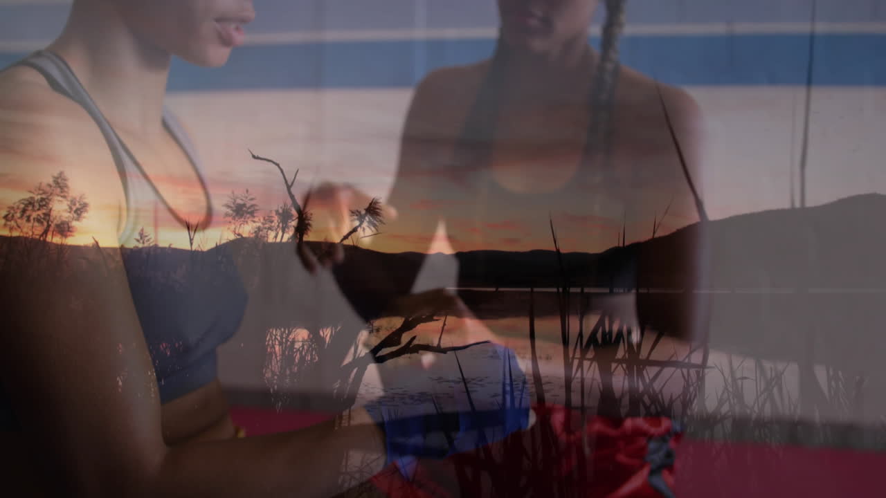 Exercising women overlay with animation of sunset landscape and silhouetted trees