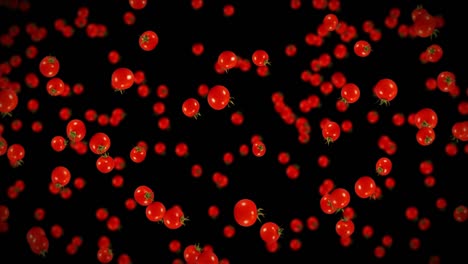 flying many fresh tomatoes on black background. organic vegetables. ripe juicy cherry tomatoes. 3d loop animation of tomato rotating.