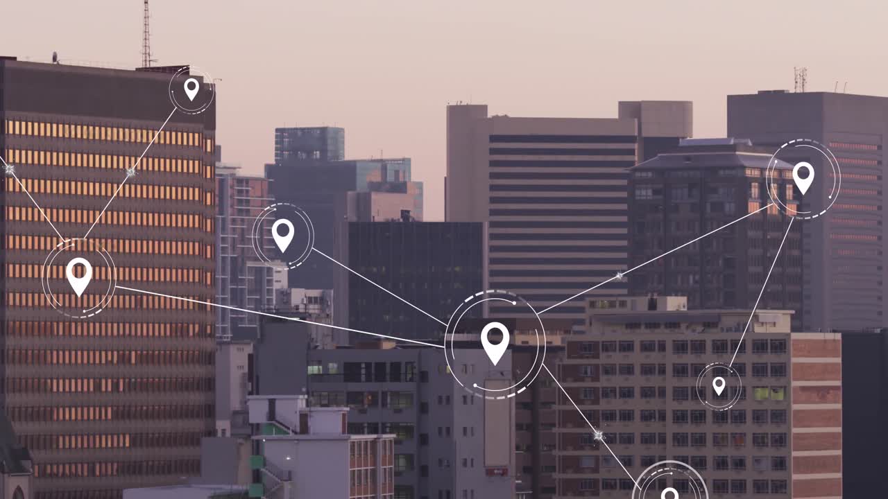 animación de la red de conexiones con íconos sobre el paisaje urbano
