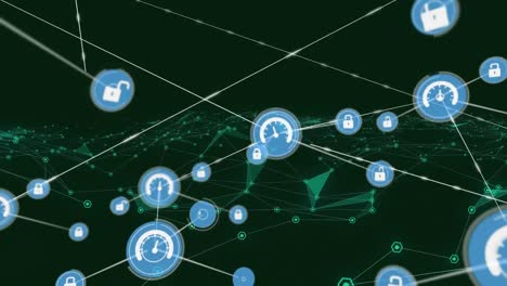 animation of network of connections with digital icons over green mesh