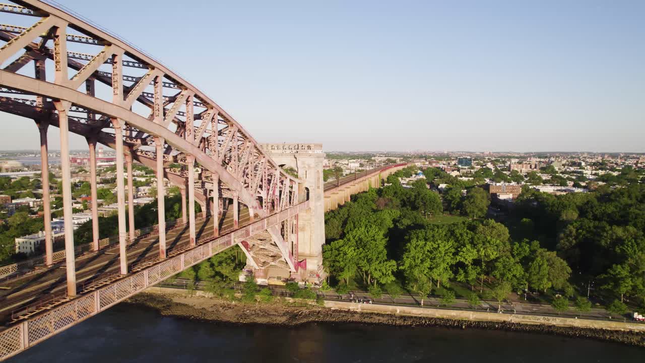 Astoria, Queens, New York, with old iron train bridge over the East River