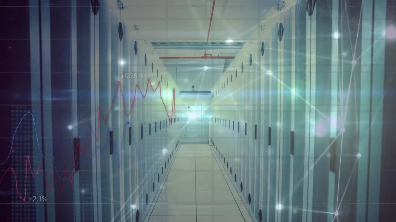 animación de múltiples gráficos con números cambiantes sobre puntos conectados contra la sala de servidores