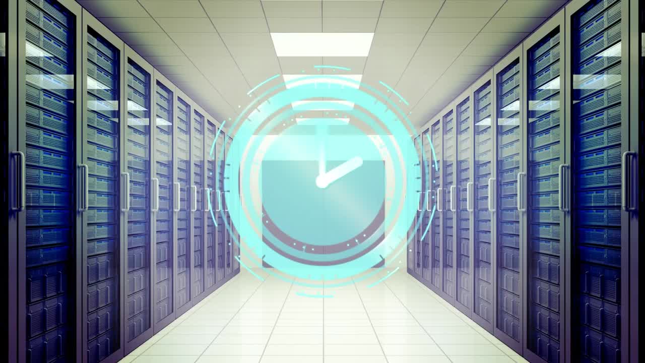 animación del reloj en movimiento sobre la sala del servidor