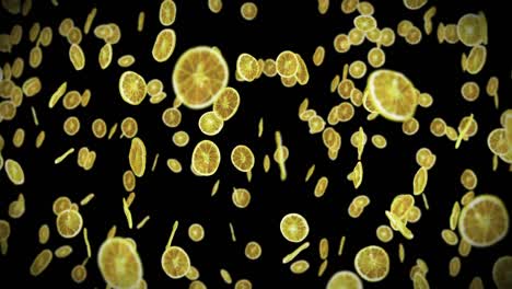 volando muchos limones secos en fondo negro. frutas deshidratadas, concepto de alimentos. animación 3d de frutas cortadas limones girando. animación de bucle.